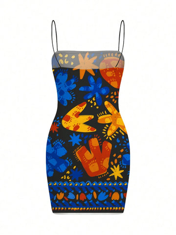 Magic Garden Y2K Style Holiday Magic Garden Abstract Modern Art Print Bodycon Slip Dress For Women