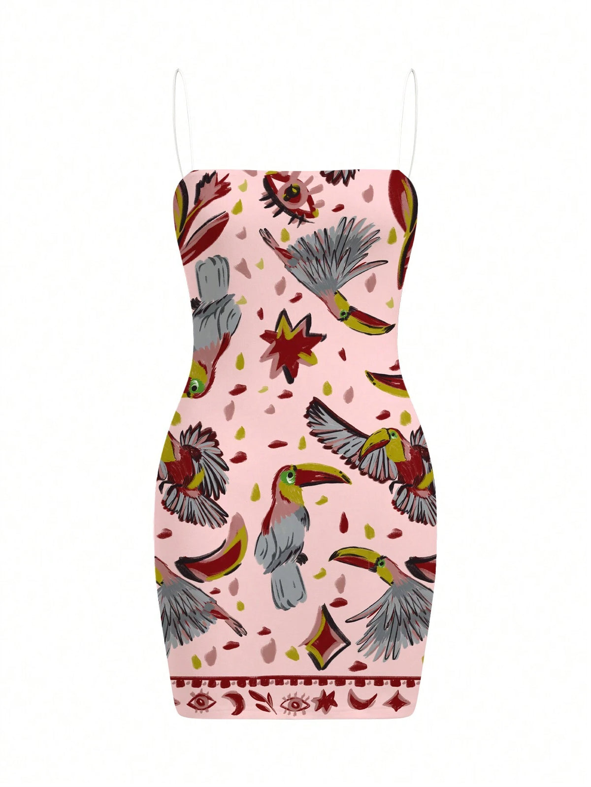 Magic Garden Y2K Vacation Casual Tropical Parrot Animal Print Fitted Slip Dress For Women, Pink