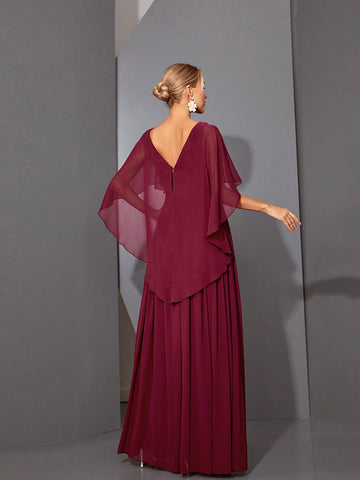 Magical V-Neck Cape Sleeve Dress With 3D Embroidery Lace & Chiffon Folding Hem, High-End Formal Dress