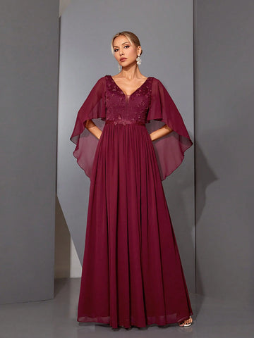 Magical V-Neck Cape Sleeve Dress With 3D Embroidery Lace & Chiffon Folding Hem, High-End Formal Dress