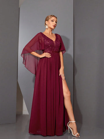 Magical V-Neck Cape Sleeve Dress With 3D Embroidery Lace & Chiffon Folding Hem, High-End Formal Dress