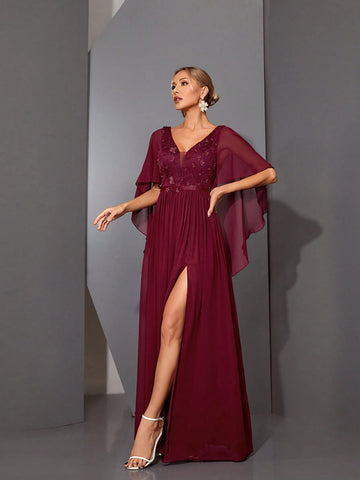 Magical V-Neck Cape Sleeve Dress With 3D Embroidery Lace & Chiffon Folding Hem, High-End Formal Dress