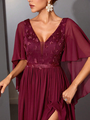 Magical V-Neck Cape Sleeve Dress With 3D Embroidery Lace & Chiffon Folding Hem, High-End Formal Dress