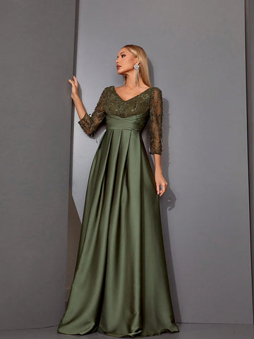 Magicy V-Neck Embroidered Lace Splice Satin Fabric Handmade Folded Dress Bridesmaid Dress