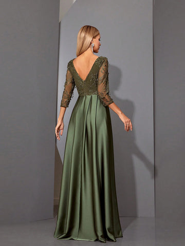 Magicy V-Neck Embroidered Lace Splice Satin Fabric Handmade Folded Dress Bridesmaid Dress