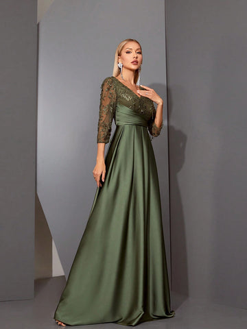 Magicy V-Neck Embroidered Lace Splice Satin Fabric Handmade Folded Dress Bridesmaid Dress