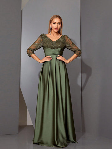 Magicy V-Neck Embroidered Lace Splice Satin Fabric Handmade Folded Dress Bridesmaid Dress