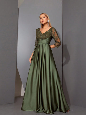 Magicy V-Neck Embroidered Lace Splice Satin Fabric Handmade Folded Dress Bridesmaid Dress