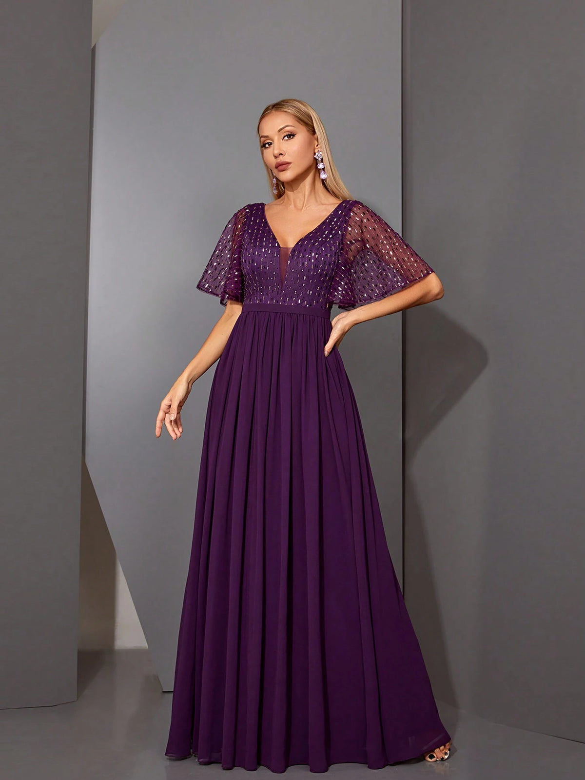 Magicy V-Neck Short Sleeve Dress With Beads, Embroidery, Lace & Pearl Decor, High-End Evening Dress