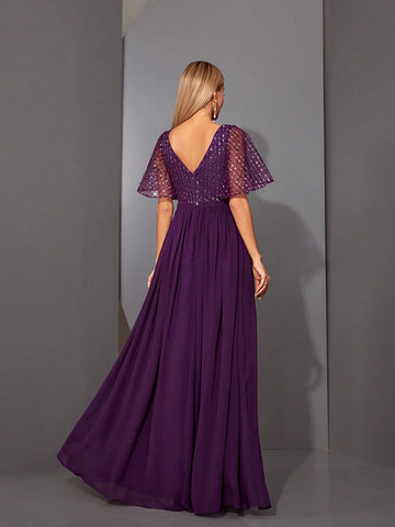 Magicy V-Neck Short Sleeve Dress With Beads, Embroidery, Lace & Pearl Decor, High-End Evening Dress