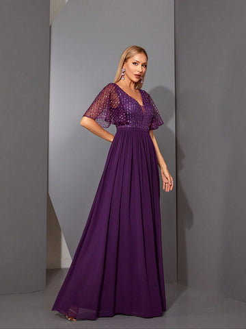 Magicy V-Neck Short Sleeve Dress With Beads, Embroidery, Lace & Pearl Decor, High-End Evening Dress