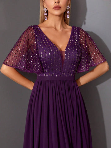 Magicy V-Neck Short Sleeve Dress With Beads, Embroidery, Lace & Pearl Decor, High-End Evening Dress