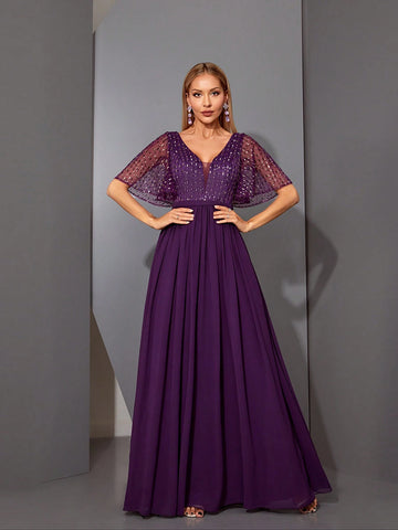 Magicy V-Neck Short Sleeve Dress With Beads, Embroidery, Lace & Pearl Decor, High-End Evening Dress