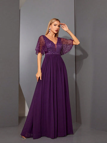 Magicy V-Neck Short Sleeve Dress With Beads, Embroidery, Lace & Pearl Decor, High-End Evening Dress