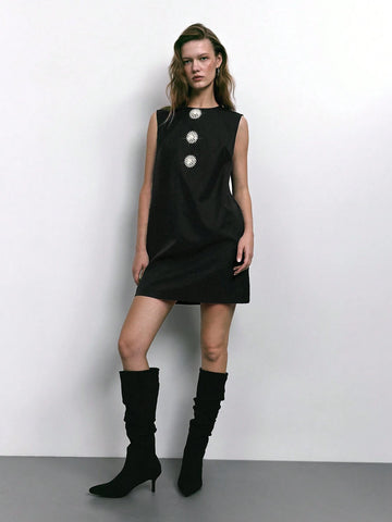 Maija 1pc Women Elegant Crystal Decor Sleeveless Short Dress, Autumn