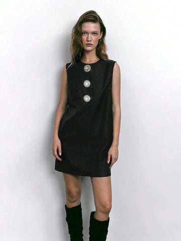 Maija 1pc Women Elegant Crystal Decor Sleeveless Short Dress, Autumn