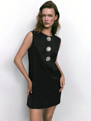 Maija 1pc Women Elegant Crystal Decor Sleeveless Short Dress, Autumn