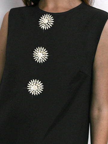 Maija 1pc Women Elegant Crystal Decor Sleeveless Short Dress, Autumn