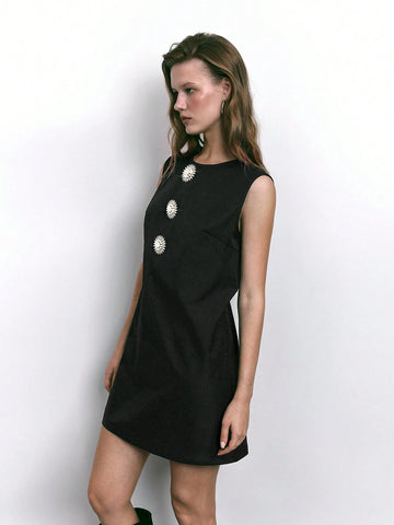 Maija 1pc Women Elegant Crystal Decor Sleeveless Short Dress, Autumn