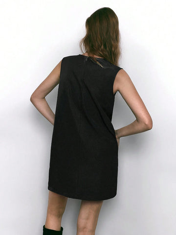 Maija 1pc Women Elegant Crystal Decor Sleeveless Short Dress, Autumn