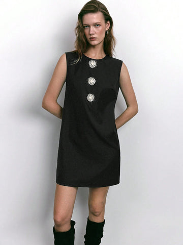 Maija 1pc Women Elegant Crystal Decor Sleeveless Short Dress, Autumn