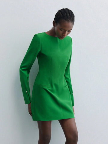 Maija 1pc Women's Elegant Solid Color Waist Cinching Short Dress For Autumn