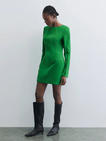 Maija 1pc Women's Elegant Solid Color Waist Cinching Short Dress For Autumn