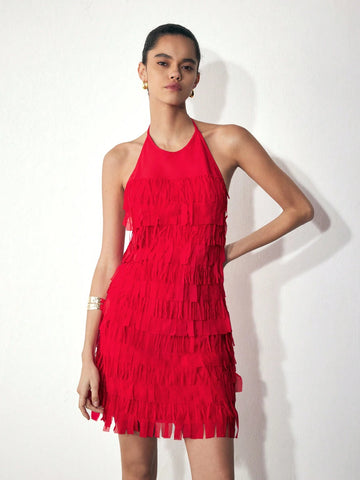 Maija 1pc Women's Solid Color Halter Backless Sexy Sleeveless Mini Dress