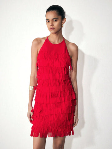 Maija 1pc Women's Solid Color Halter Backless Sexy Sleeveless Mini Dress