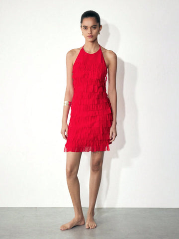 Maija 1pc Women's Solid Color Halter Backless Sexy Sleeveless Mini Dress