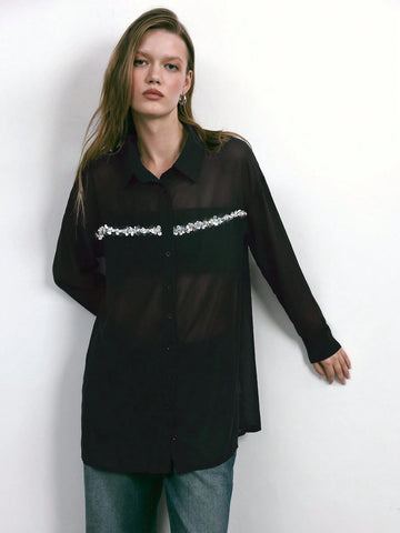 Maija 1pc Women's Stylish Urban Sequin Gray Blouse