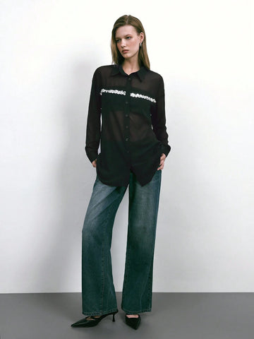 Maija 1pc Women's Stylish Urban Sequin Gray Blouse