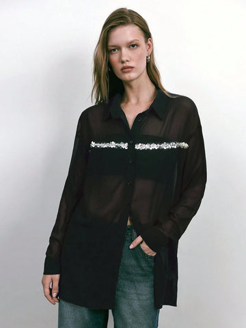 Maija 1pc Women's Stylish Urban Sequin Gray Blouse