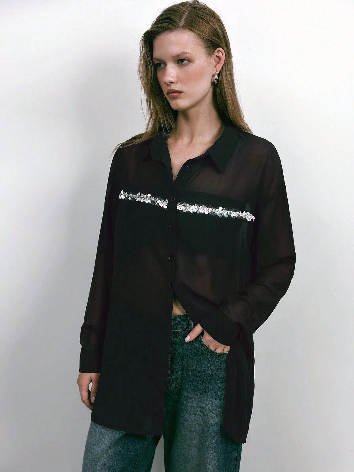 Maija 1pc Women's Stylish Urban Sequin Gray Blouse