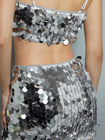 Maija 2pcs Women's Fashionable Party Sequin Crop Cami Skirt Set