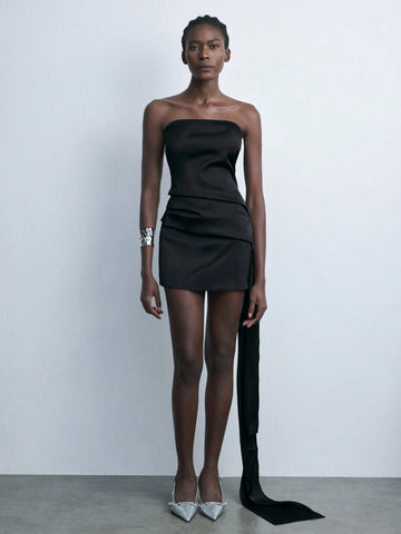 Maija Asymmetric Design Women's Urban Modern Elegant Casual Black Satin Bow-Tie Structure Short Party Dress