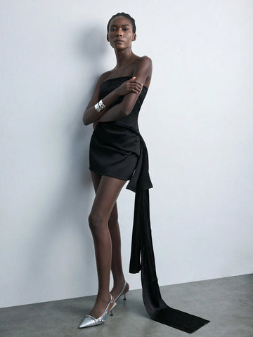 Maija Asymmetric Design Women's Urban Modern Elegant Casual Black Satin Bow-Tie Structure Short Party Dress