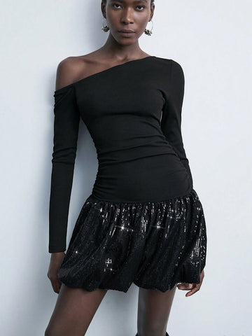 Maija Autumn/Winter New Sleek Glamorous Holiday Party Dress, Elegant Casual Black Sequins Patchwork Dress