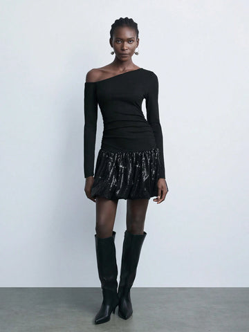 Maija Autumn/Winter New Sleek Glamorous Holiday Party Dress, Elegant Casual Black Sequins Patchwork Dress