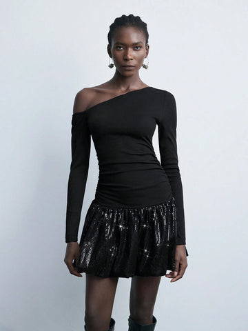 Maija Autumn/Winter New Sleek Glamorous Holiday Party Dress, Elegant Casual Black Sequins Patchwork Dress