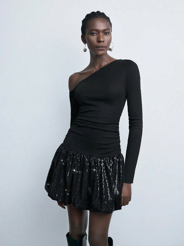 Maija Autumn/Winter New Sleek Glamorous Holiday Party Dress, Elegant Casual Black Sequins Patchwork Dress