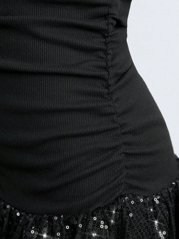 Maija Autumn/Winter New Sleek Glamorous Holiday Party Dress, Elegant Casual Black Sequins Patchwork Dress