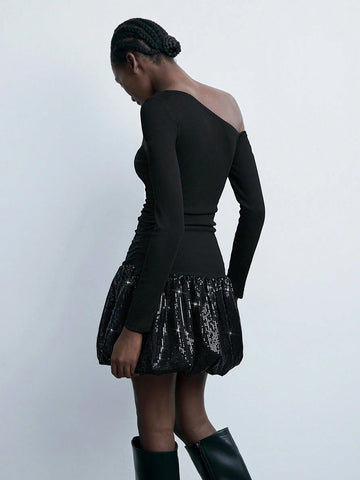 Maija Autumn/Winter New Sleek Glamorous Holiday Party Dress, Elegant Casual Black Sequins Patchwork Dress