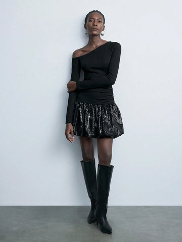 Maija Autumn/Winter New Sleek Glamorous Holiday Party Dress, Elegant Casual Black Sequins Patchwork Dress