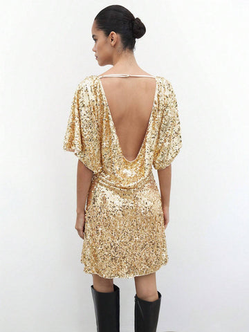 Maija Autumn/Winter New Urban Chic Holiday Party Dress, Short Sequin Backless Gown For Christmas And New Year