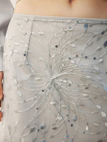 Maija Beaded Embroidery Grey & Silver Mini Skirt, Elegant A-Line Skirt