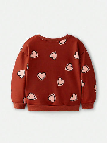 Maija Early Spring Red All-Over Print Hand Painted Cute Heart Young Girl Loose Casual Outdoor Versatile Crew Neck Pullover Hoodie