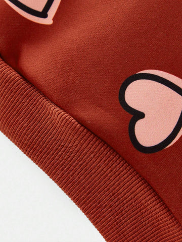 Maija Early Spring Red All-Over Print Hand Painted Cute Heart Young Girl Loose Casual Outdoor Versatile Crew Neck Pullover Hoodie