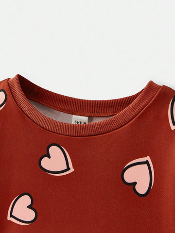 Maija Early Spring Red All-Over Print Hand Painted Cute Heart Young Girl Loose Casual Outdoor Versatile Crew Neck Pullover Hoodie
