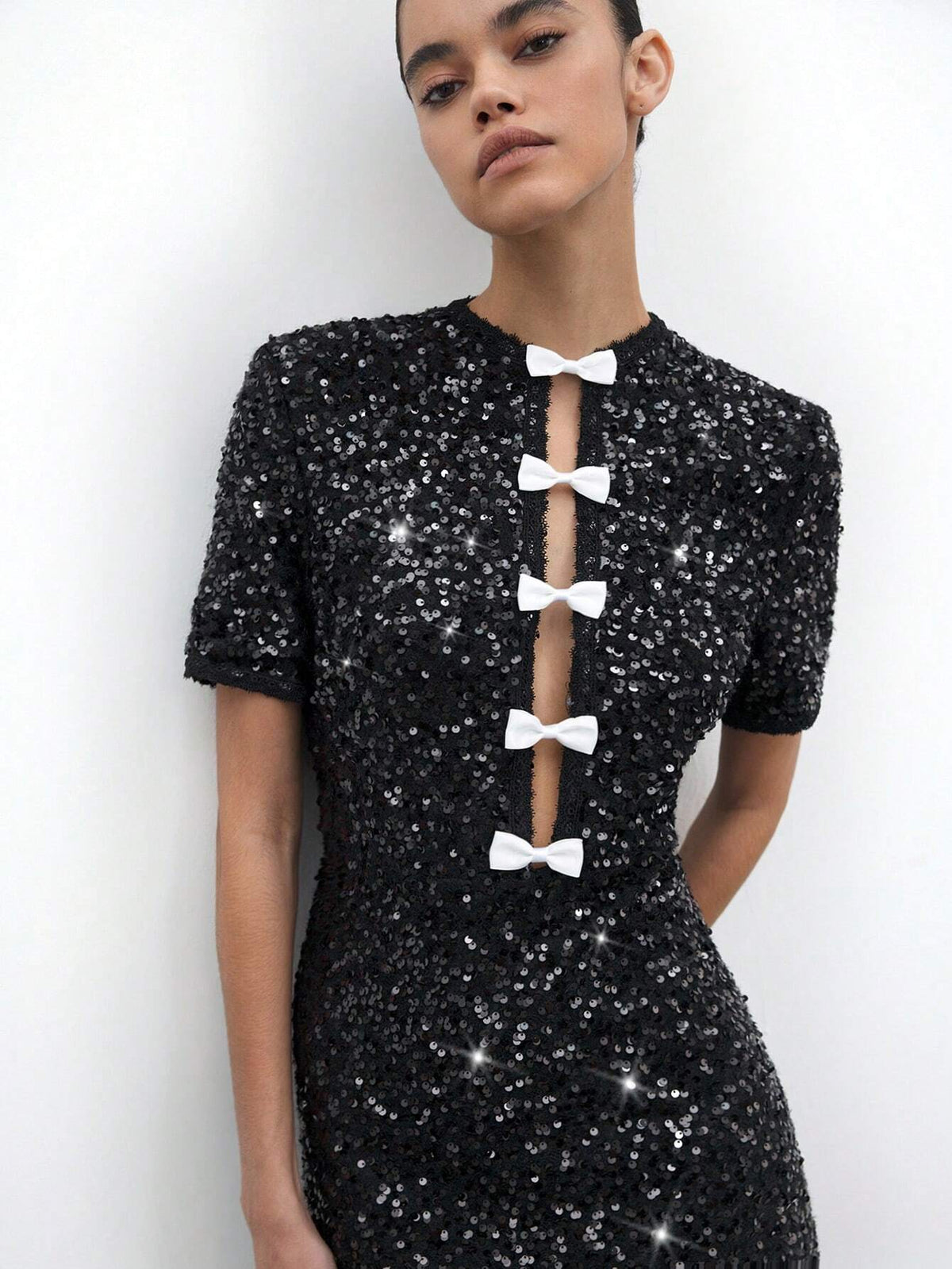 Maija Elegant Retro Black Glitter Bow Decor Short Dress, Versatile Design For Holiday Party, Urban Casual Daily Wear, Autumn & Winter